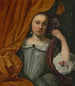 Portrait af en pige, der kigger bag et orange gardin - Lodewijk van der Helst — visning af kunstværket