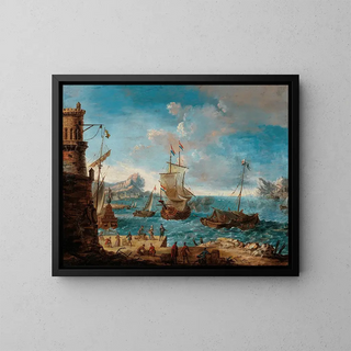 Lodovico Mattioli - A coastal landscape with figures conversing on a harbour and ships beyond.webp