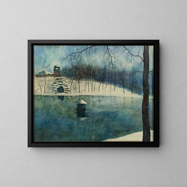 Le parc Léopold d'Ostende med dammen og Trinkhall under sneen - Léon Spilliaert — indrammet kunstværk på væggen