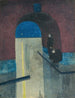 En mand og en kvinde, der søger ly under en bue af Drie Gapers Ostende - Léon Spilliaert — visning af kunstværket