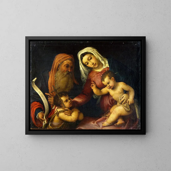 maleriet Jomfruen og barnet med de hellige Zakarias og Johannes Døberen - Lorenzo Lotto — indrammet kunstværk på væggen