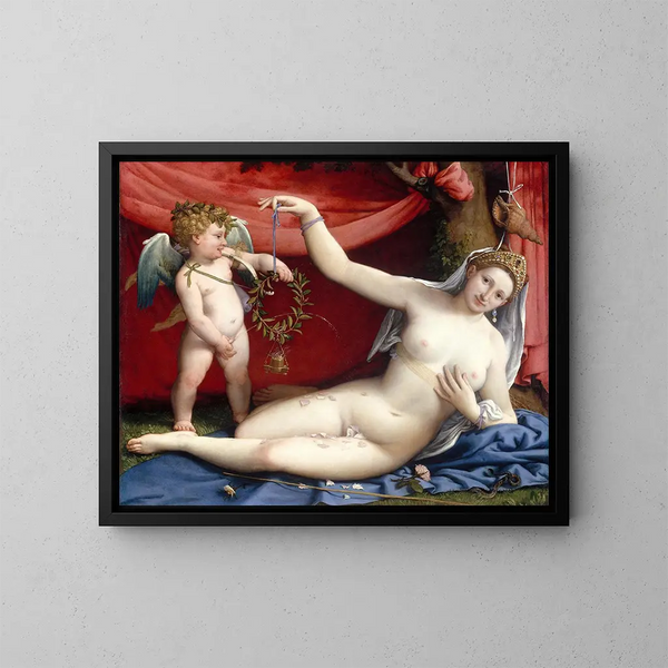 Vénus og Cupido - Lorenzo Lotto — indrammet kunstværk på væggen