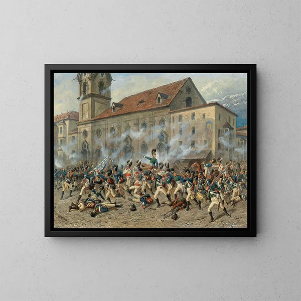 Karl Freiherr von Ditfurth kæmper mod Tyrolerne foran hospitalets kirke i Innsbruck - Louis Braun — indrammet kunstværk på væggen
