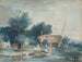 Et flodlandskab med vaskere nær en mølle - Louis Gabriel Moreau — visning af kunstværket
