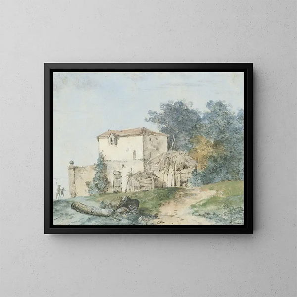 Maison de campagne dans un paysage - Louis Gabriel Moreau — indrammet kunstværk på væggen