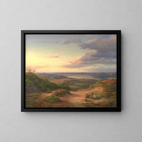 Et landskab nær Himmelbjerget, Jylland. I forgrunden, en romafamilie. - Louis Gurlitt — indrammet kunstværk på væggen