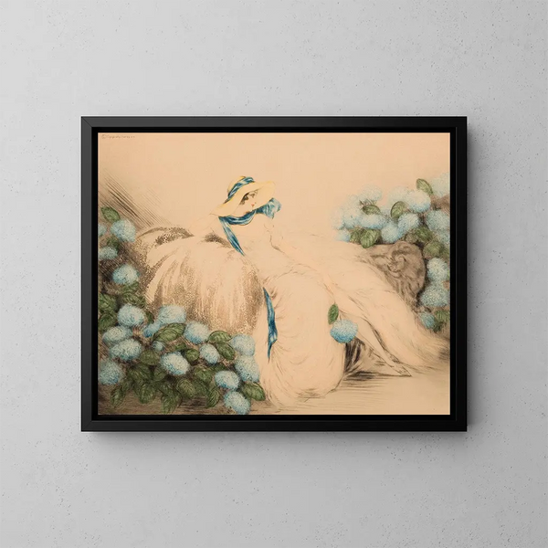 Dame aux fleurs bleues - Louis Icart — indrammet kunstværk på væggen