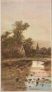Pont sur un ruisseau med et sommerhus og en kirke i baggrunden - Louis Kinney Harlow — visning af kunstværket