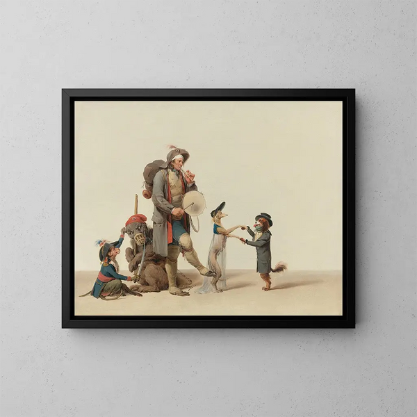 La pièce curieuse: en dyreholder med dansende hunde, en bjørn og en abe - Louis Léopold Boilly — indrammet kunstværk på væggen