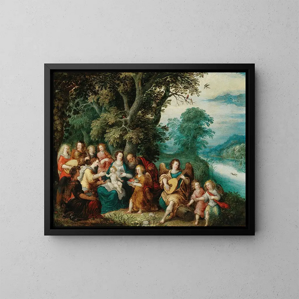La Sainte Famille avec des anges musiciens dans un paysage - Louis de Caullery — indrammet kunstværk på væggen