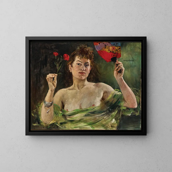 Pige med en vifte og nelliker - Lovis Corinth — indrammet kunstværk på væggen