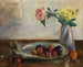 naturtro med blomster i en vase, en muslingeskal og frugt - Lovis Corinth — visning af kunstværket