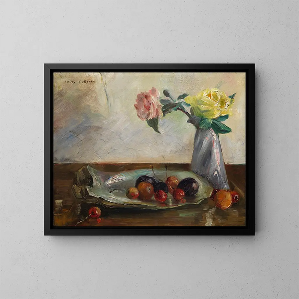 naturtro med blomster i en vase, en muslingeskal og frugt - Lovis Corinth — indrammet kunstværk på væggen