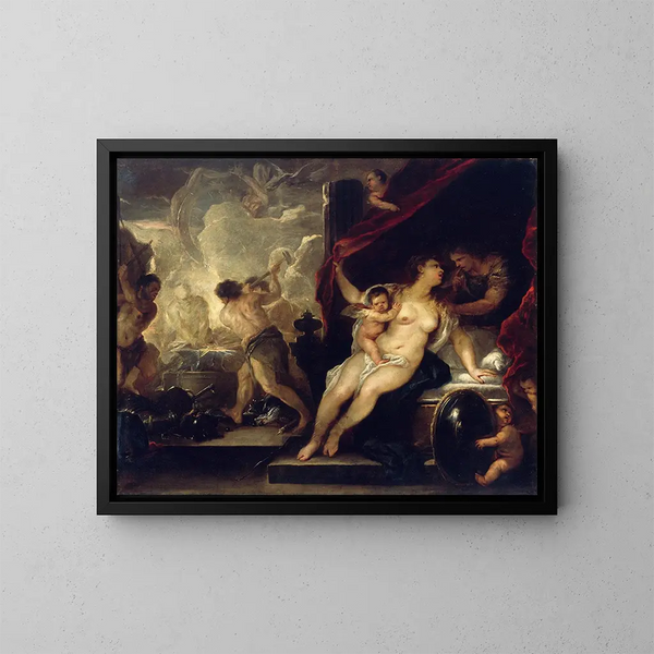 Vénus, Mars og Vulcains smedje - Luca Giordano — indrammet kunstværk på væggen