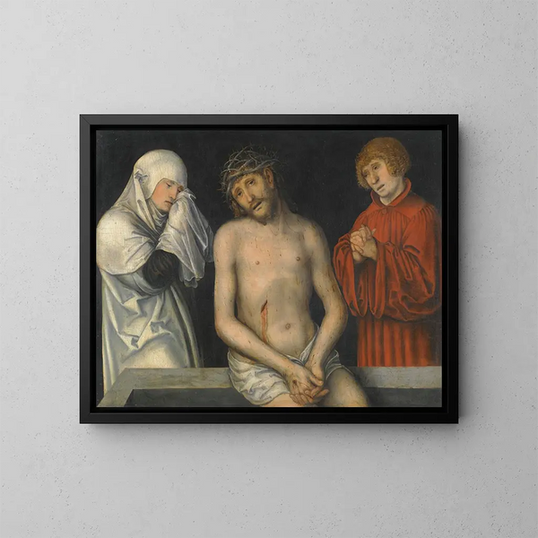 Kristus som mand af smerte med Jomfruen og Sankt Johannes - Lucas Cranach den Yngre — indrammet kunstværk på væggen