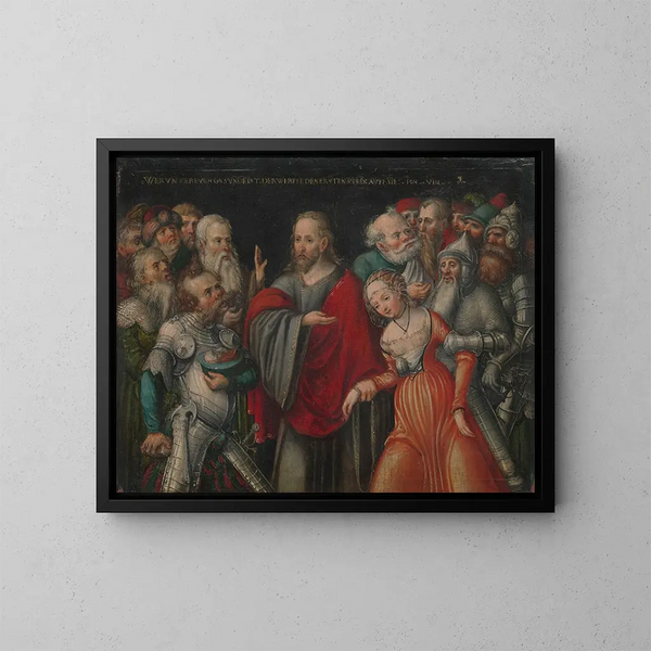 Kristus og den anklagede kvinde - Lucas Cranach den Yngre — indrammet kunstværk på væggen
