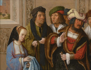 Lucas Van Leyden - Potiphars wife shows her husband Josephs cloak In the background Joseph being taken to prison.webp