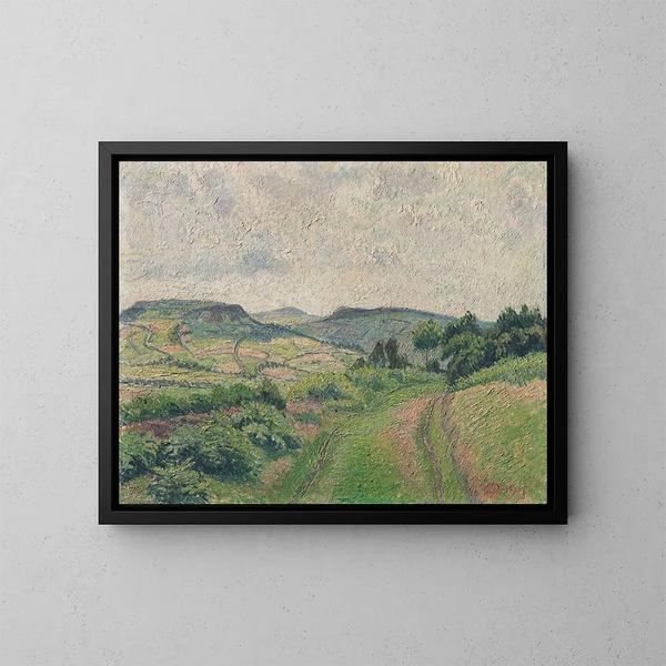 Et kuperet landskab - Lucien Pissarro — indrammet kunstværk på væggen