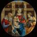 Madonna og barn med en mandlig helgen, Catherine af Alexandria, og en donor - Michelangelo di Pietro Membrini — vist i et interiør