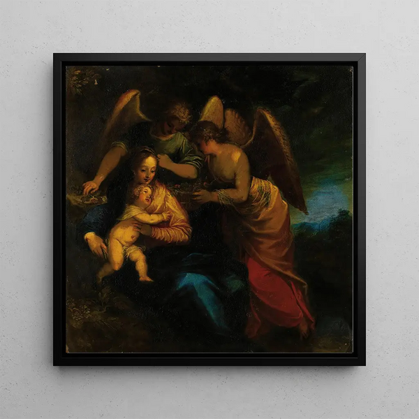 Kunsttryk af Madone og barn omgivet af engle - Hans Rottenhammer | Kunsttryk