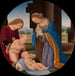 Madonna, der tilbedende barnet med den hellige barn Johannes Døberen og en engel - Lorenzo di Credi — vist i et interiør