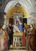 Jomfru med barnet med helgenerne Catherine, Frans af Assisi, Johannes Døberen, Johannes Evangelisten, Antonius af Padua og Maria Magdalena - Marcello Fogolino — visning af kunstværket