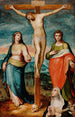 Jesus på korset med helgenerne Maria, Johannes Evangelisten og Catherine af Siena - Marco Pino — indrammet kunstværk på væggen