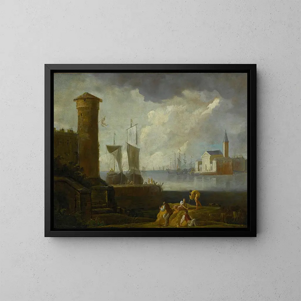 Une vue capriccio de San Giorgio Maggiore à Venise - Marco Ricci — indrammet kunstværk på væggen