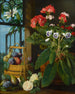 En stilleben med blomster i potte og frugt - Marian Chase — visning af kunstværket