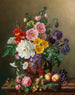 Et stort blomsterbuket med ferskner og druer - Marie-Euphrosine Jacquet — visning af kunstværket