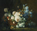 naturtro med blomster, pæoner, iris, hortensiaer i en kobber kedel, en skarabæ og sommerfugle - Marie Beloux Hodieux — visning af kunstværket