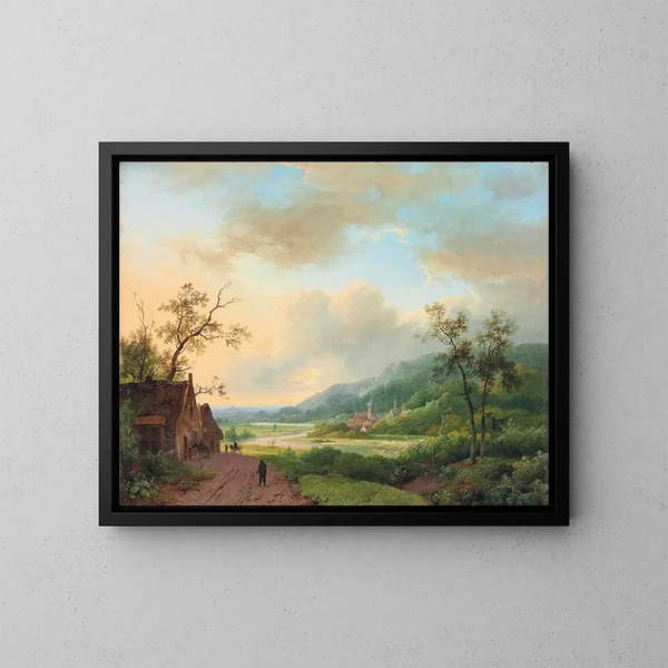"Voyageurs sur un chemin au bord de la rivière au crépuscule" af Marinus Adrianus Koekkoek — indrammet kunstværk på væggen