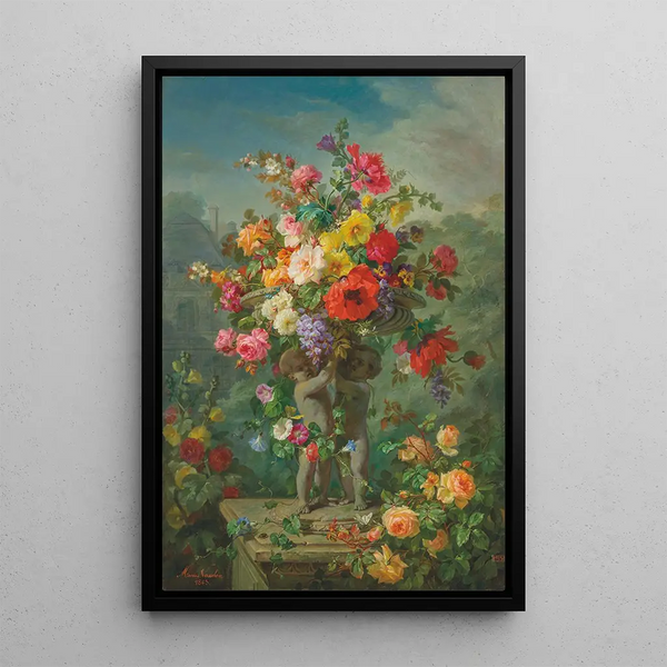 Marius Vasselon - Roses Poppies Hollyhocks Pansies and Wisteria in a stone urn supported by putti on a plinth.webp