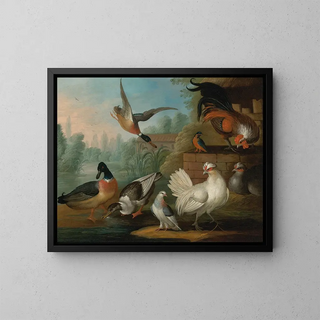 Marmaduke Cradock - Still Life With Cockerels Ducks A Kingfisher And A Pigeon In A River Landscape.webp