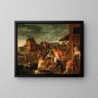 Marten van Cleve - A Townscape With Peasants At A VendorS Stall.webp