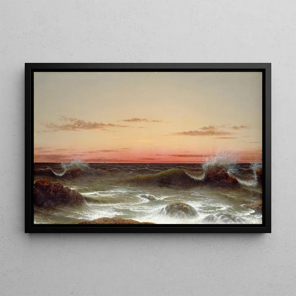 Landskab med havudsigt ved solnedgang - Martin Johnson Heade — indrammet kunstværk på væggen