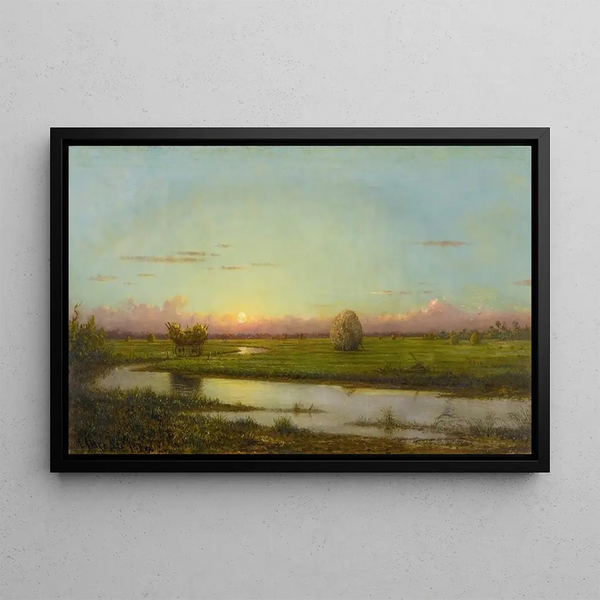 Solnedgang over markerne i Newburyport - Martin Johnson Heade — indrammet kunstværk på væggen