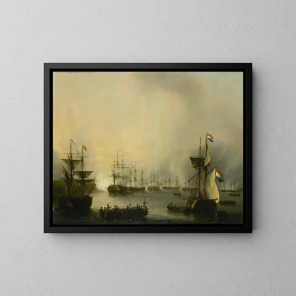 bombardementet af Palembang, Sumatra, 24. juni 1821 - Martinus Schouman — indrammet kunstværk på væggen