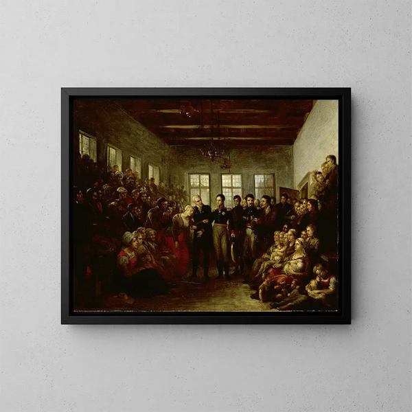 "Prinsen af Orange" besøger ofrene for oversvømmelserne på børnehjemmet for præster i Amsterdam den 14. februar 1825 - Mattheus Ignatius van Bree — indrammet kunstværk på væggen