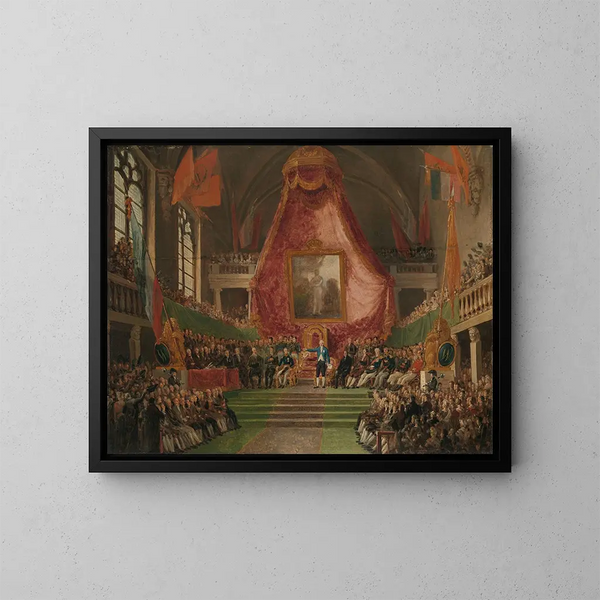 Lyst til et kunsttryk af det officielle åbningstaler for Ghent Universitet af Prinsen af Orange i tronsalen på Rådhuset den 9. oktober 1817 - Mattheus Ignatius van Bree — indrammet kunstværk på væggen