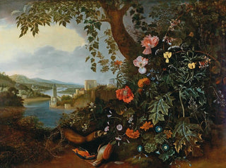 Matthias Withoos - A landscape with flowers and a marten and bird trap.webp