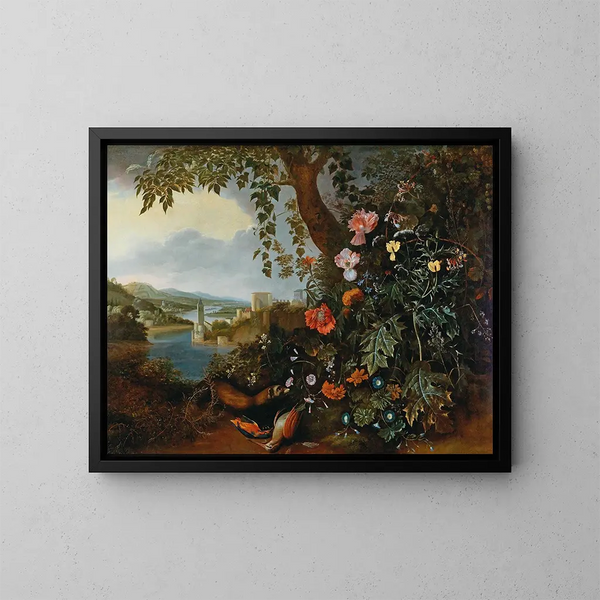 Et landskab med blomster og en mårfælde og fuglefælde - Matthias Withoos — indrammet kunstværk på væggen