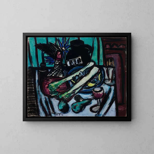 Naturstilleben med Chianti-flaske og selleri - Max Beckmann — indrammet kunstværk på væggen