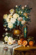 Roses blanches, oranges et urne en porcelaine sur table drapée - Max Carlier — visning af kunstværket