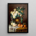 Roses blanches, oranges et urne en porcelaine sur table drapée - Max Carlier — indrammet kunstværk på væggen