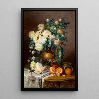 Max Carlier - White Roses Oranges and Porcelain Urn on Draped Table.webp