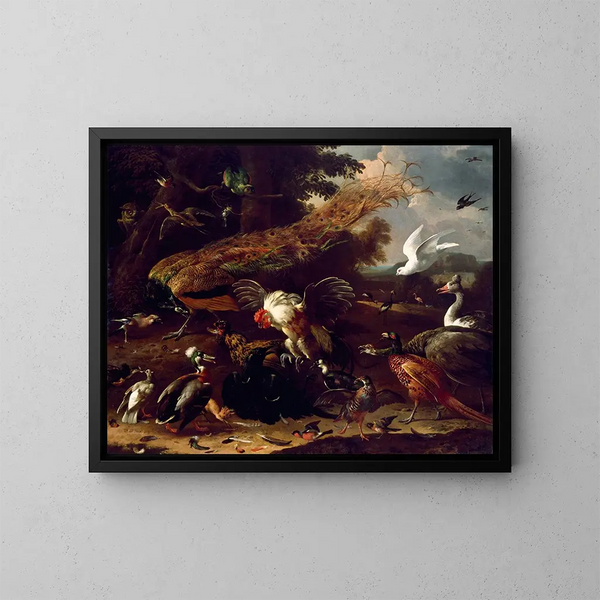 Le corbeau exposé - Melchior d'Hondecoeter — indrammet kunstværk på væggen