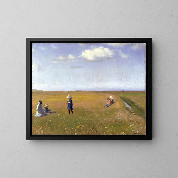 Børn og unge piger, der plukker blomster i en mark nord for Skagen - Michael Ancher — indrammet kunstværk på væggen