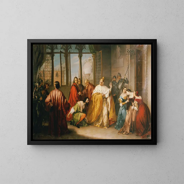 Le Doge Francesco Foscari sender sin søn Giacomo i eksil - Michelangelo Grigoletti — indrammet kunstværk på væggen