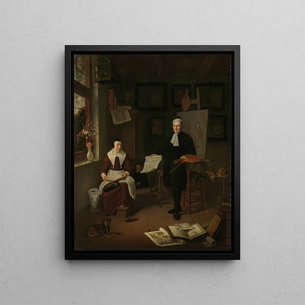 Michiel Van Musscher - Portrait of Michiel Comans 16141687 calligrapher etcher painter and schoolmaster with his third wife Elisabeth van der Mersche.webp